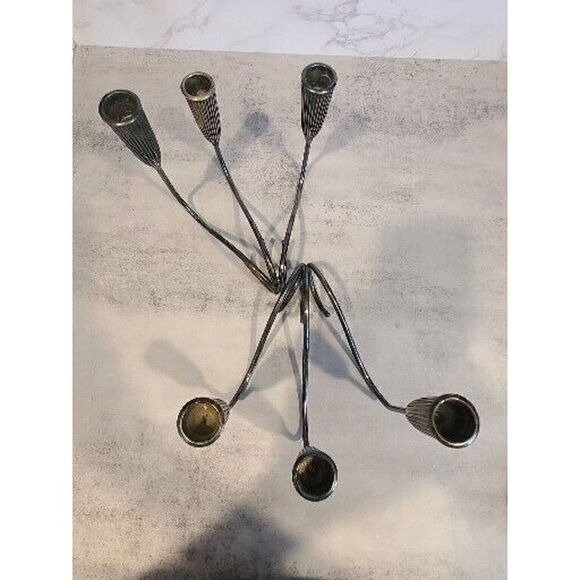 Pair Triple Light NAPIER Fluted Silverplate Candle Holders Mid-Century MOD EUC - Picture 11 of 16